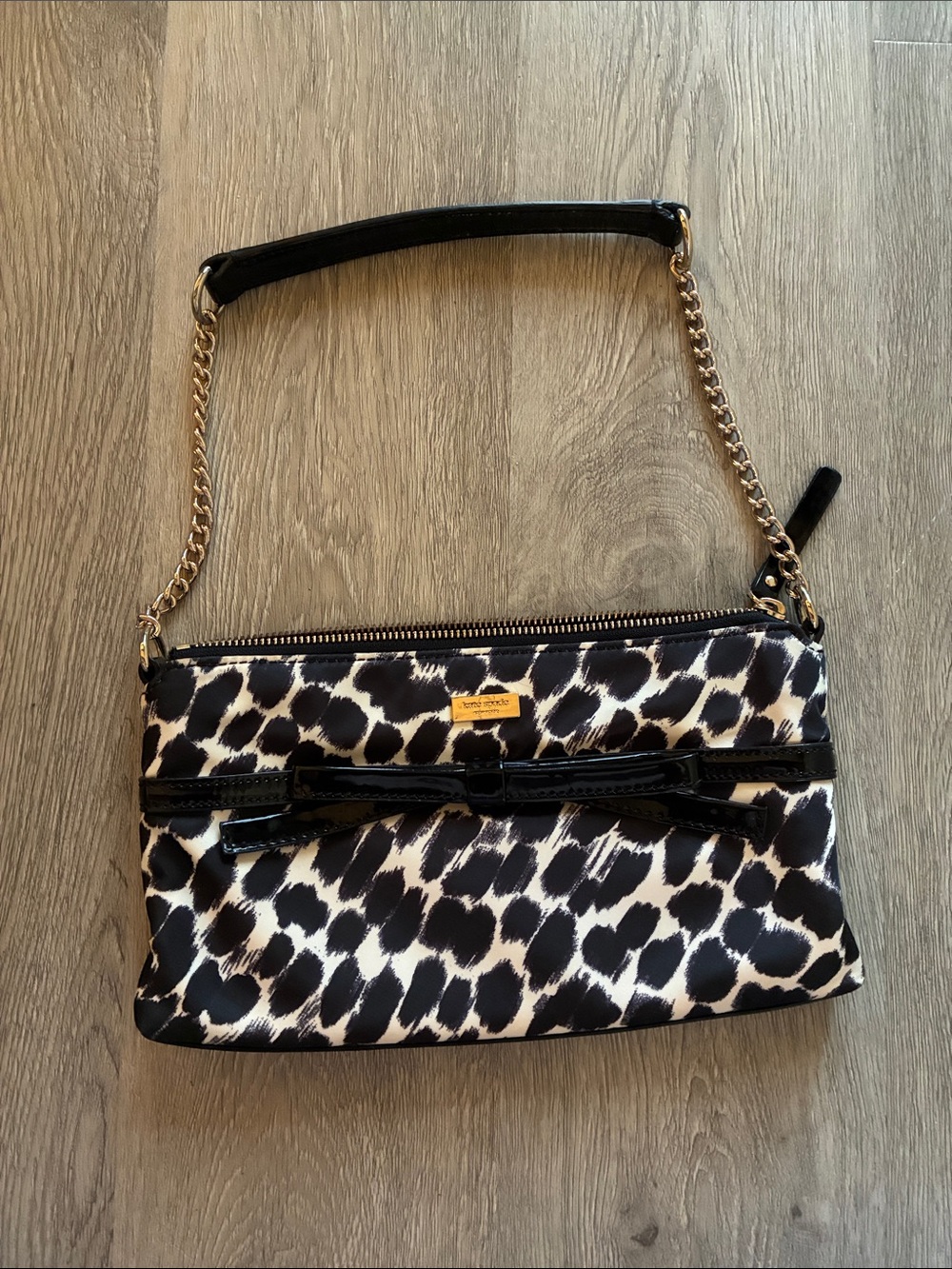 kate spade Black & White Leopard-Print Shoulder Bag with Patent Bow